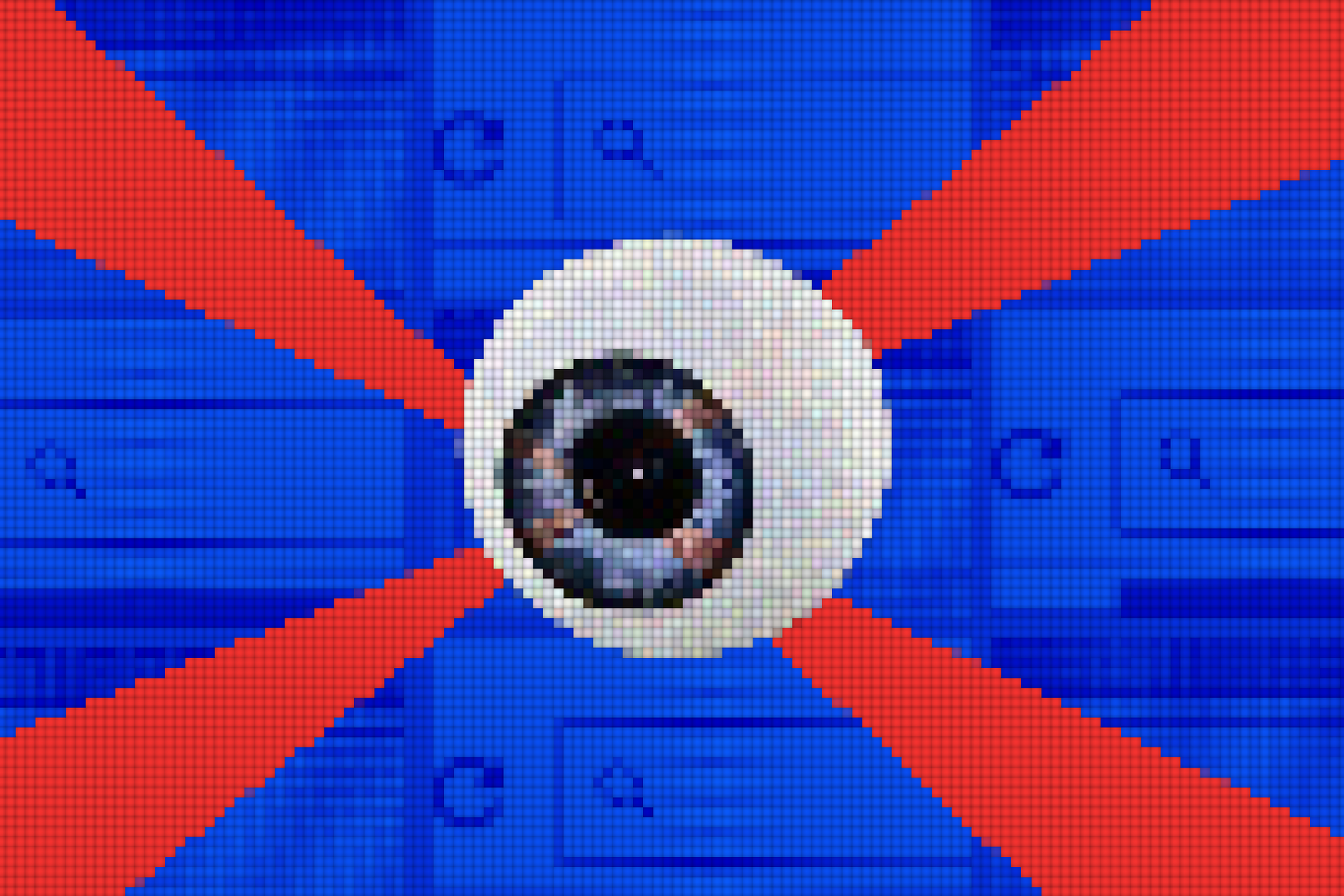 An eyeball giving out red rays against a blue background made of multiple web browsers.